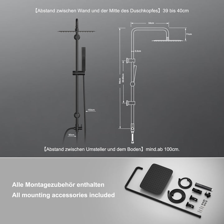 Görbach Regendusche Duschsystem ohne Armatur, Edelstahl Duschset mit 92cm Duschstange, XXL Überkopfb