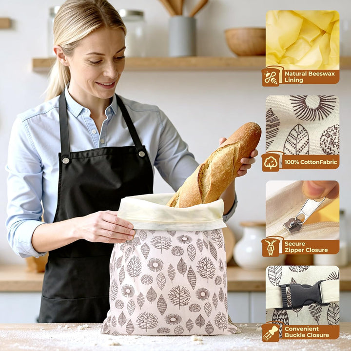 OHIYO Wiederverwendbare Bienenwachs Brotbeutel 43cm×33cm, natürliche Bienenwachs-beschichtete Baumwo
