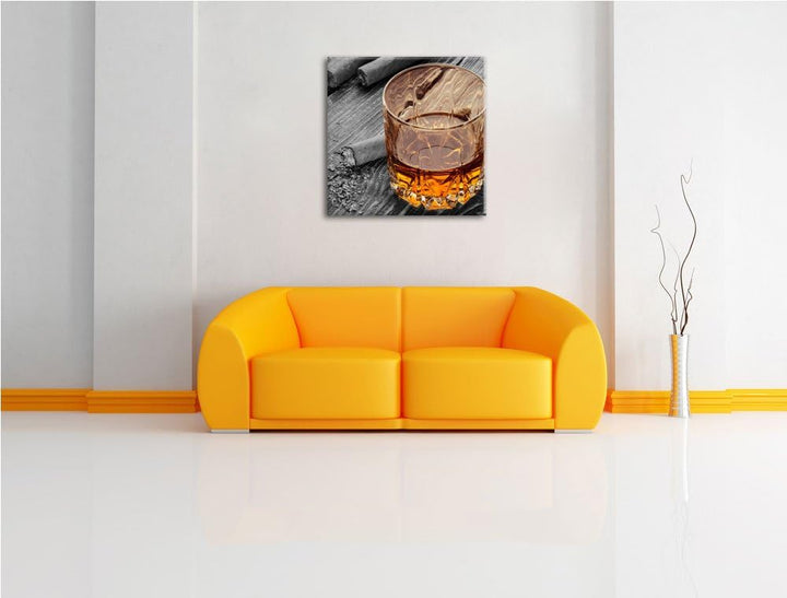 Pixxprint Zigarren hinter Whiskeyglas als Leinwandbild/Grösse: 70x70 cm/Wandbild/Kunstdruck/fertig b