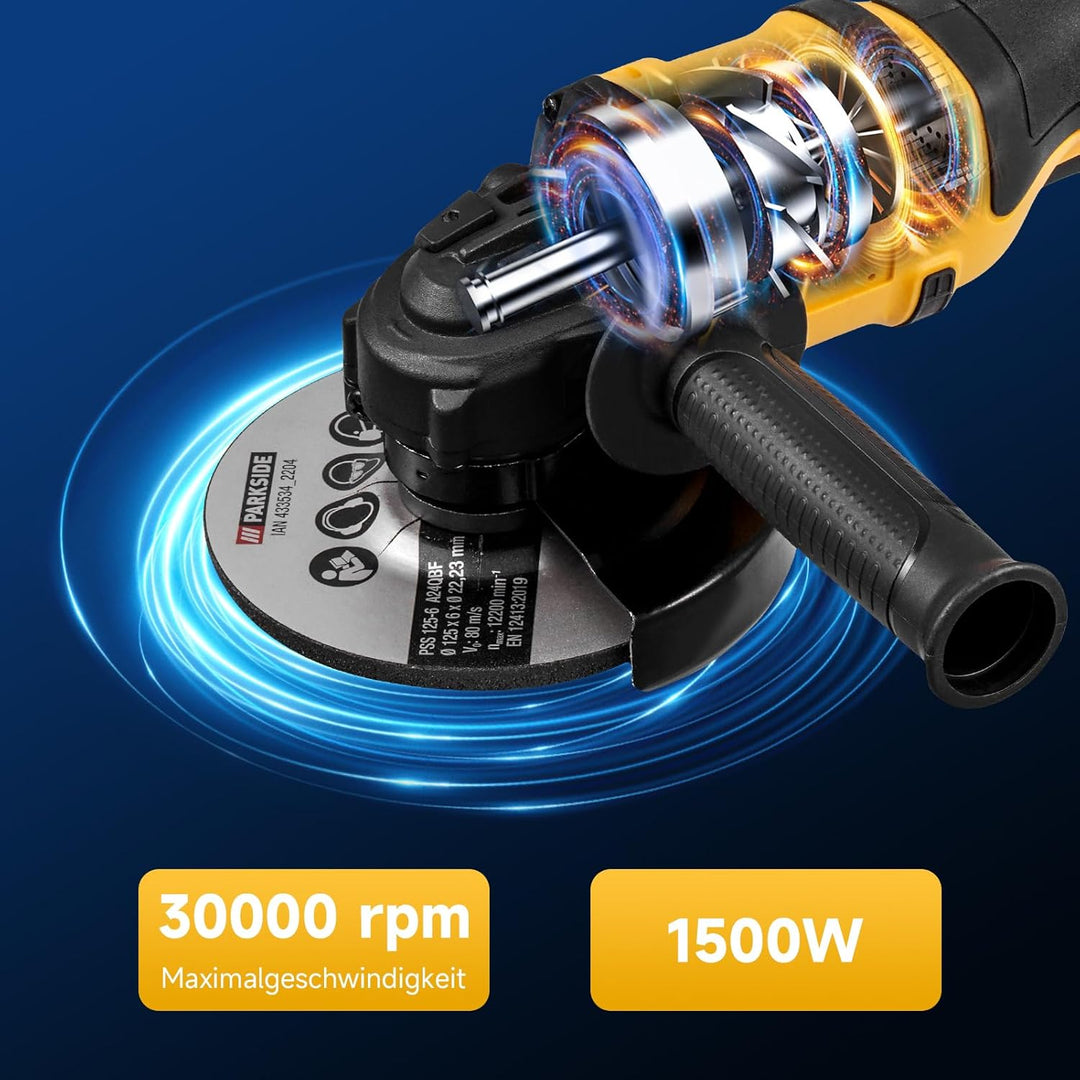 Akku Winkelschleifer 1500W,Ø125mm Scheibendurchmesser,30000RPM Winkelschleifer mit 3 Drehzahlstufen,
