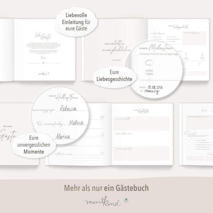 mintkind® Gästebuch Hochzeit zum Ausfüllen Offwhite inkl. 4 Stickerbögen | 84 Seiten mit Fragen für