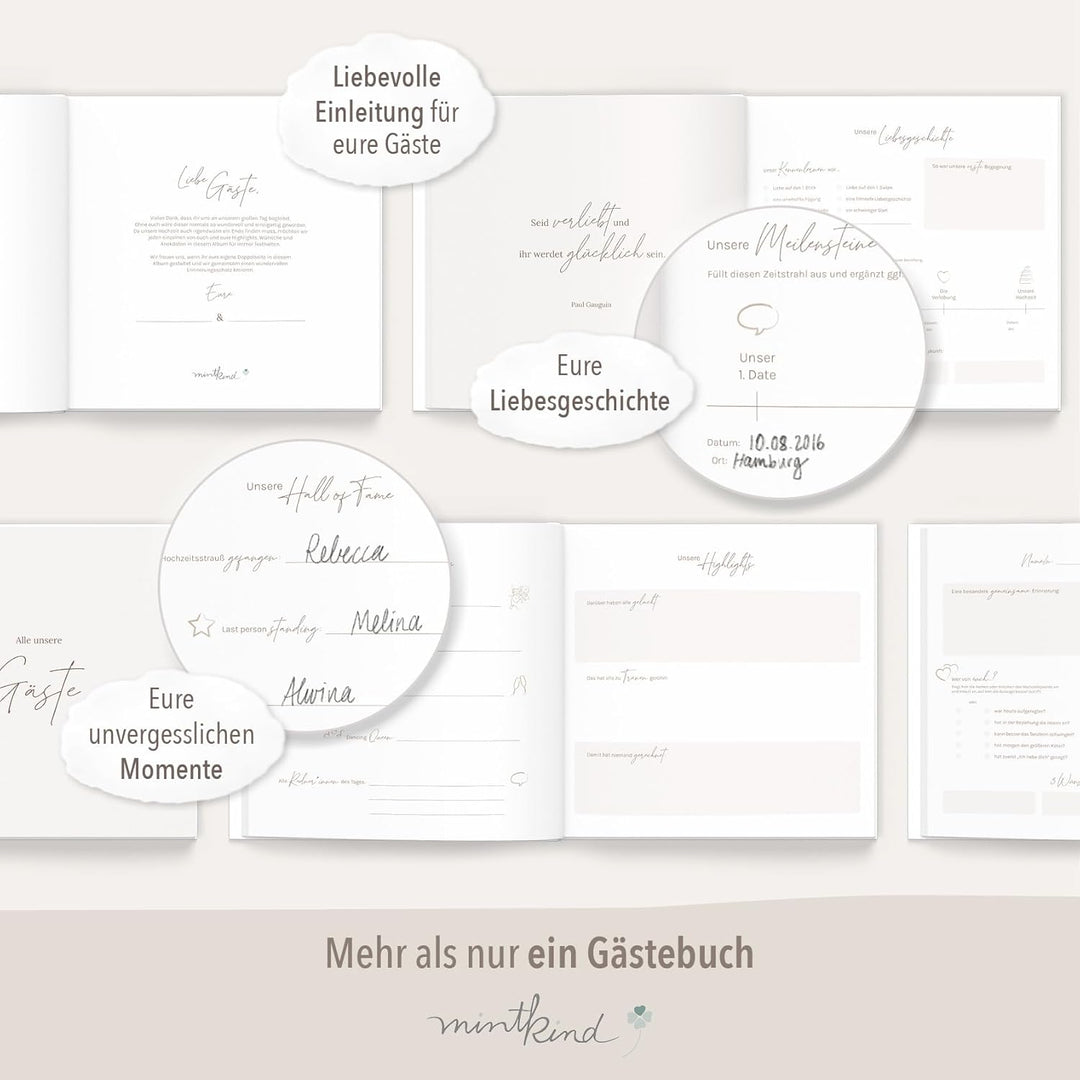 mintkind® Gästebuch Hochzeit zum Ausfüllen Greenery inkl. 4 Stickerbögen | 84 Seiten mit Fragen für