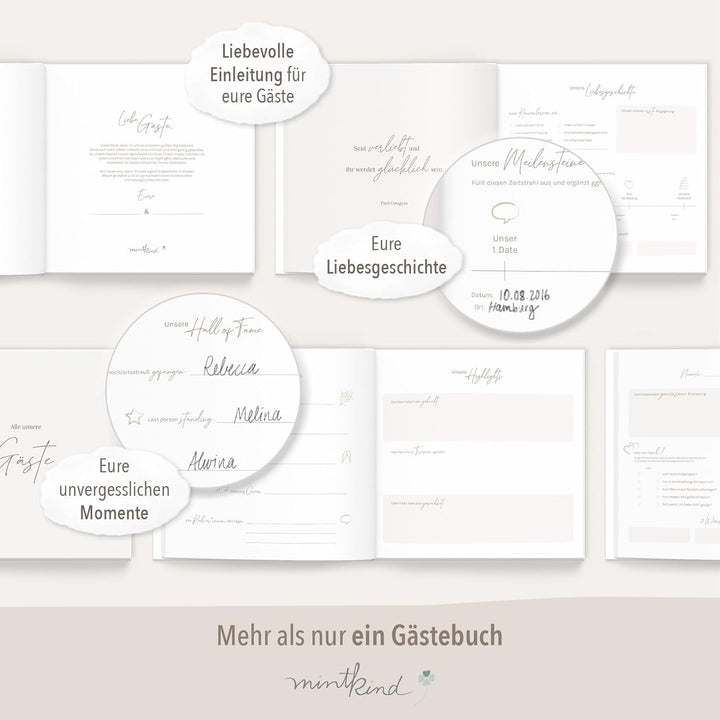 mintkind® Gästebuch Hochzeit zum Ausfüllen Greenery inkl. 4 Stickerbögen | 84 Seiten mit Fragen für