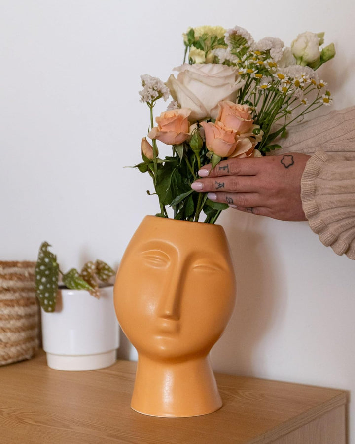 Blumenvase Keramik handgefertigt orange 24 cm Gesichtsmotiv Modern Florina
