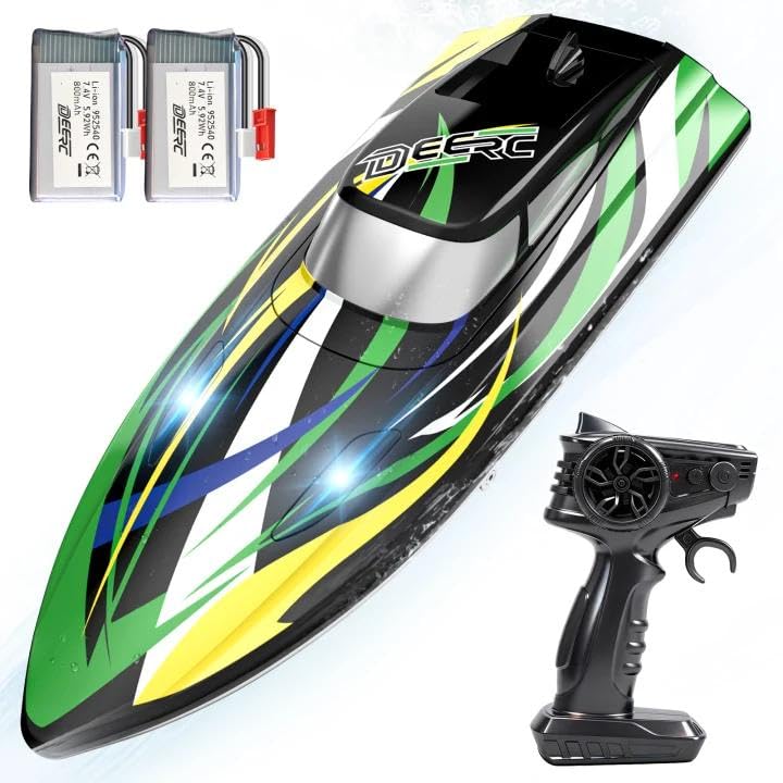 DEERC RC-Boot mit LED-Beleuchtung, 30 km/h schnelles ferngesteuertes Rennboot, selbstaufrichtend, 2