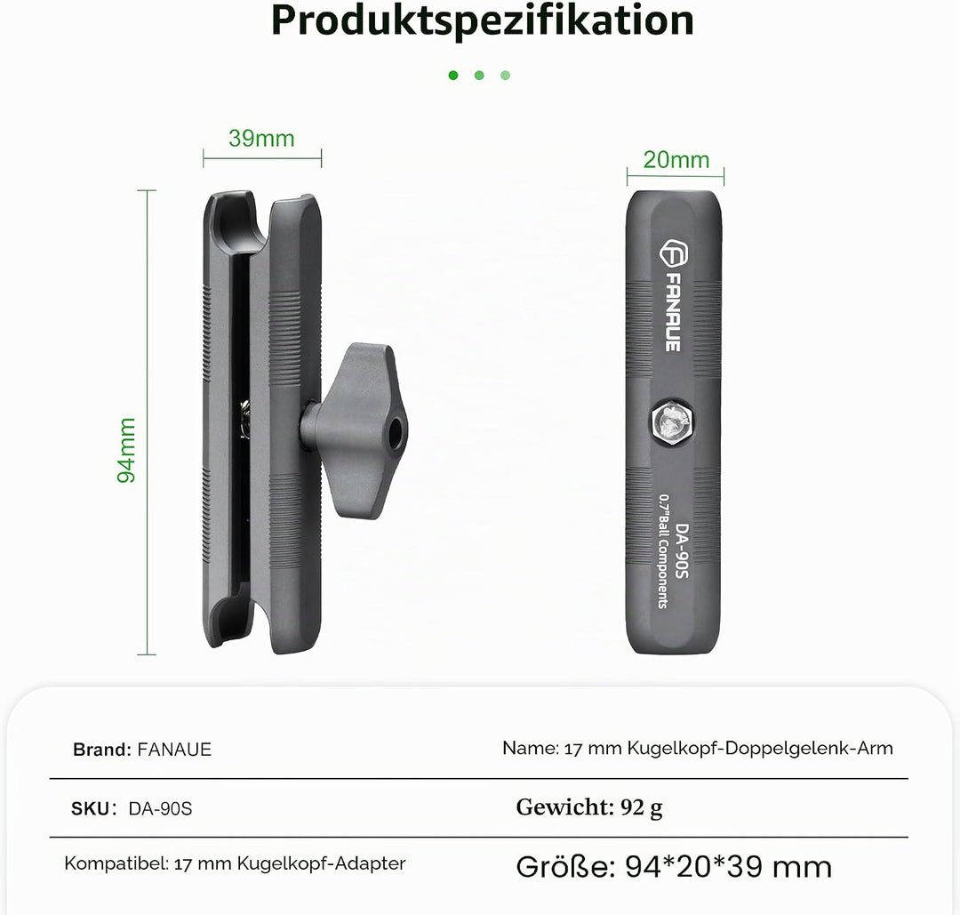 FANAUE Aluminium-Kugelkopf-Doppelbuchsenarm mit 17-mm-Kugelkopf-Adapter, kompatibel mit RAM-Halterun