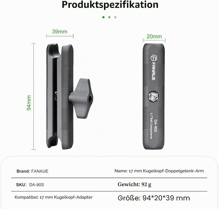 FANAUE Aluminium-Kugelkopf-Doppelbuchsenarm mit 17-mm-Kugelkopf-Adapter, kompatibel mit RAM-Halterun