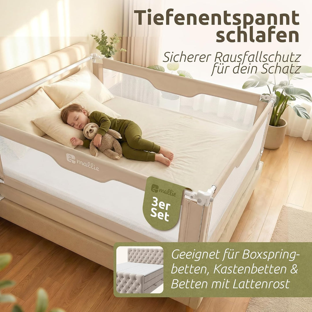 Mallie® Rausfallschutz Boxspringbett 200x200cm Elternbett Beige | 3-seitiges Set mit MALLIEFIX 2.0 C