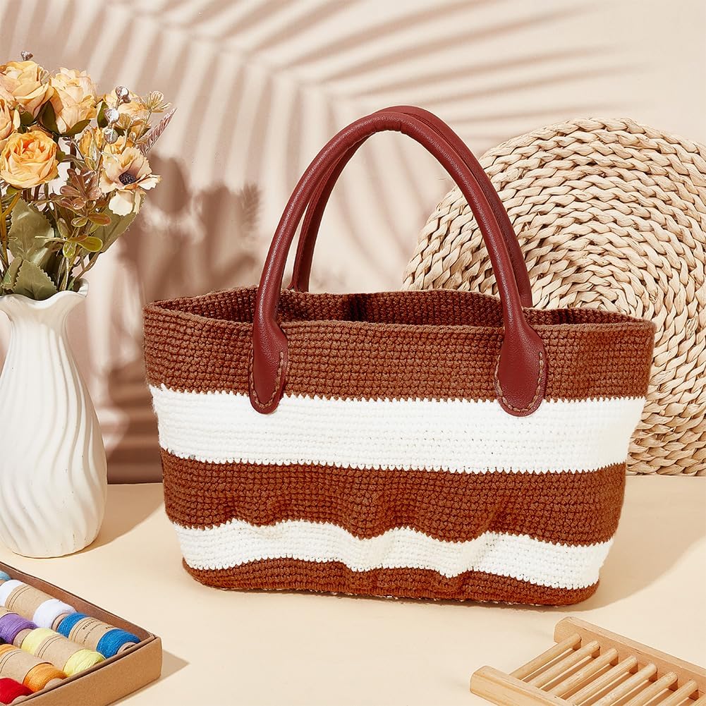 ORIGACH Dunkelbraun Gestreifte Häkelset Tasche Mit PU Lederband Und Boden Komplettes Häkelset Zum He