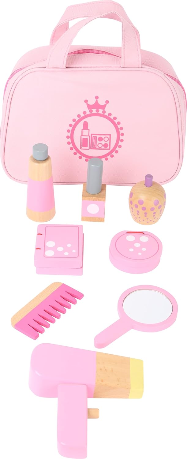 Small Foot 10607 Make-up Spielset aus Holz in rosa für Kinder, lustiges Rollenspiel in Tragetasche S
