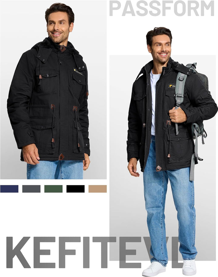 KEFITEVD Winterparka Herren Fleece Gefüttert Winterjacke mit Viele Taschen Kapuze Warm Winter Mantel