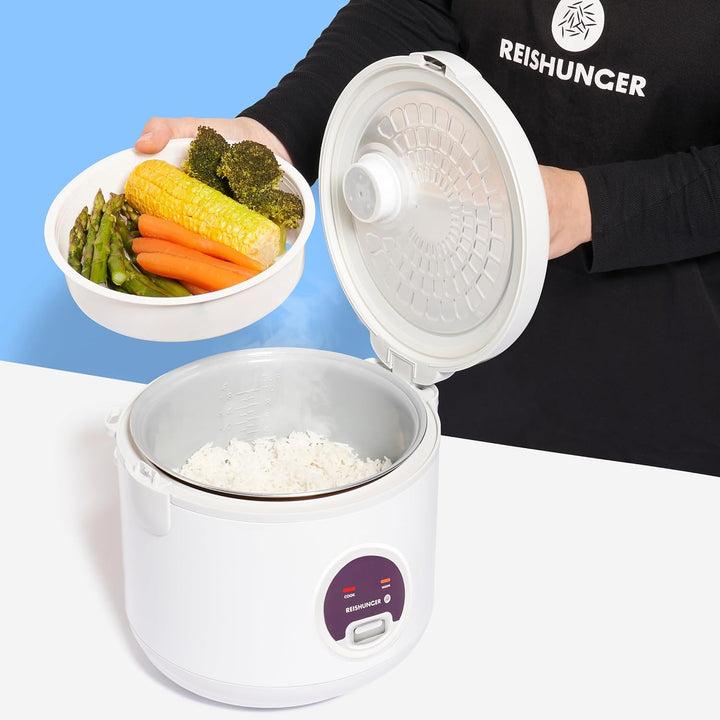 REISHUNGER Reiskocher & Dampfgarer mit Keramikbeschichtung, Weiss, 1,8L - bis zu 10 Portionen - Schn