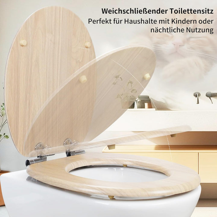 WC-Sitz mit Absenkautomatik, Toilettendeckel aus stabilem MDF-Holzkern, Verstellbare Scharniere aus
