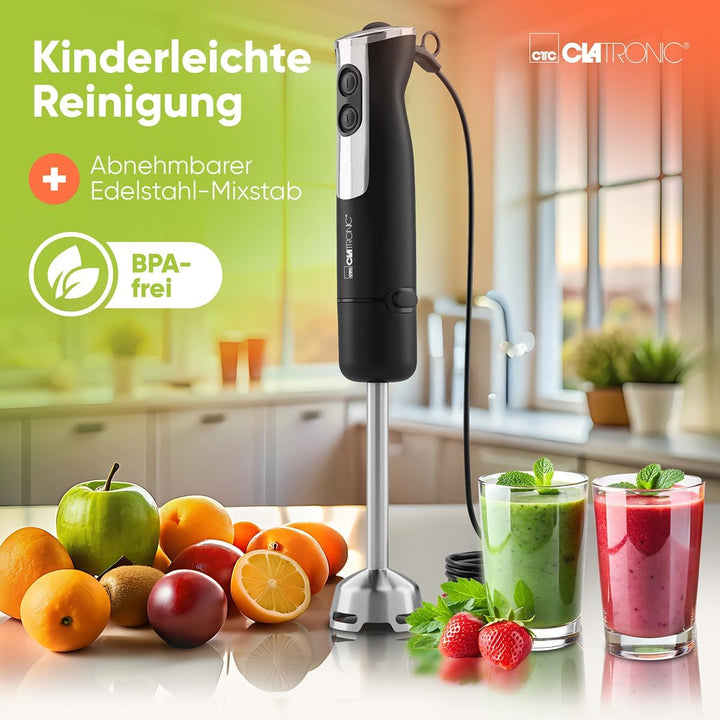 Clatronic Stabmixer 800W mit Turbo-Funktion | Pürierstab mit Edelstahlmesser | 12 Stufen | für Babyn