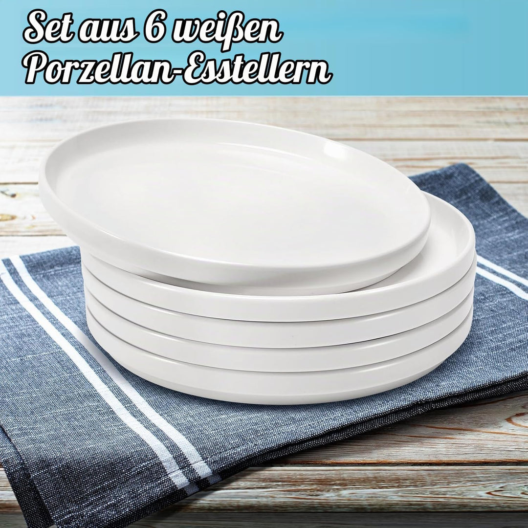 6 Stück Speiseteller, 20 cm Teller Set,Weiss Porzellan Speiseteller,Keramikteller für Salat, Pasta,