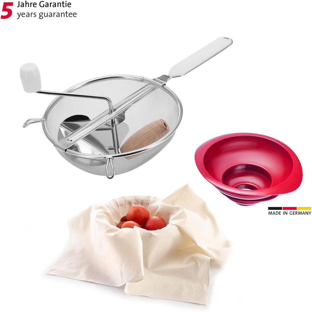 Westmark Set, 3tlg.: Passiersieb (Ø 20 cm) + Trichter-Set (2tlg.) + Seih-/Passiertuch, Rostfreier Ed