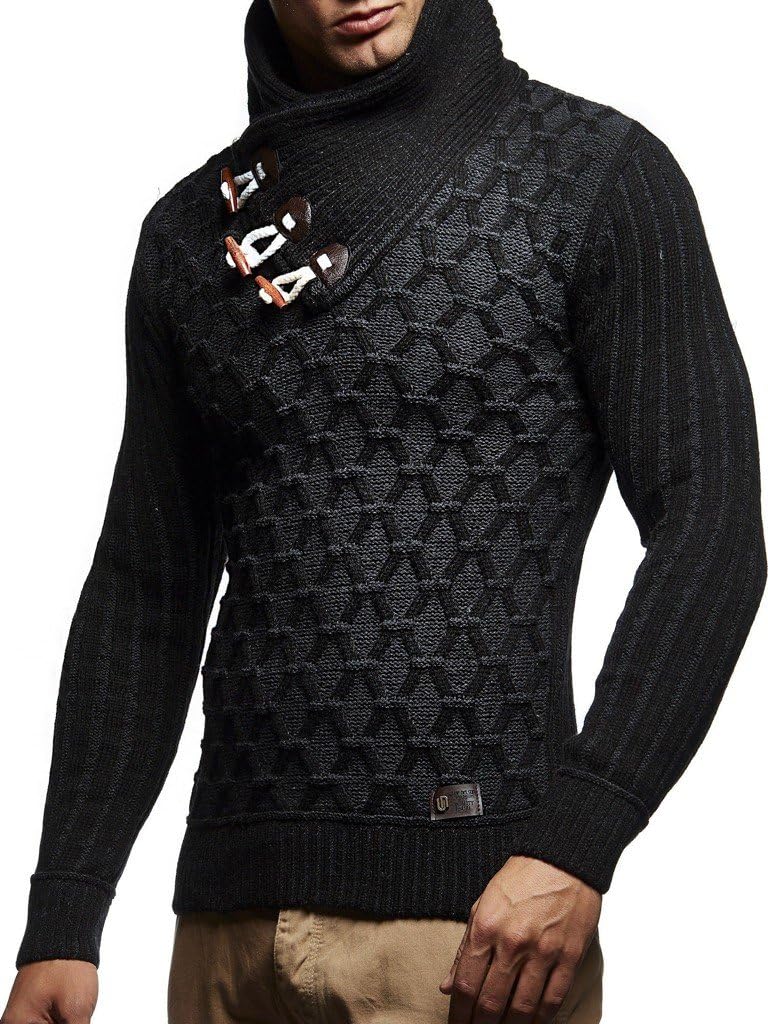 Leif Nelson Herren Strick-Pullover Schalkragen Slim Fit Winter Sommer Moderner Männer schwarzer Pull