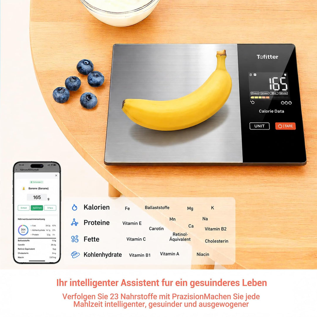 Smart Küchenwaage Bluetooth Ernährung Lebensmittelwaage mit kostenloser App Verfolgt 20 Nährstoffe&amp;K