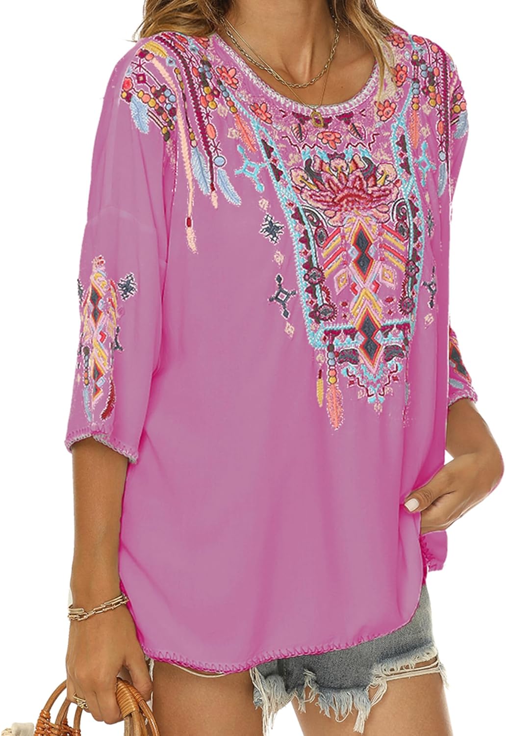 Vakakado Boho Stickerei Bluse Hippie Kleidung Damen 70er 80er Jahre Bekleidung Bohemian Folklore Bes