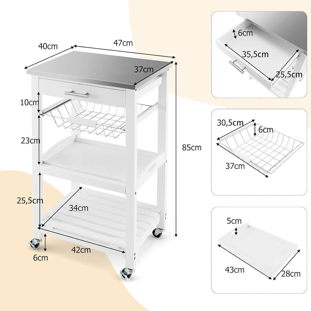 KOMFOTTEU Servierwagen mit Edelstahl Arbeitsplatte, Küchenwagen Klein, Rollwagen mit Schublade & Abl
