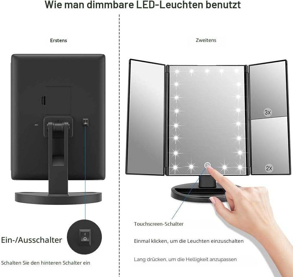 WEILY Kosmetikspiegel mit 21 LED Licht und 2X/ 3X Vergrösserung, USB und Batterie Dual Power Modus,