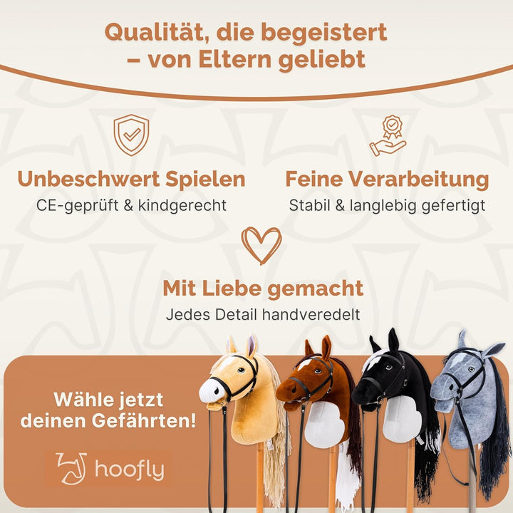Hoofly® Hobby Horse Pferde – Grosses Steckenpferd für Kinder A3 mit Trense & 40 cm Schraubstab | Rea
