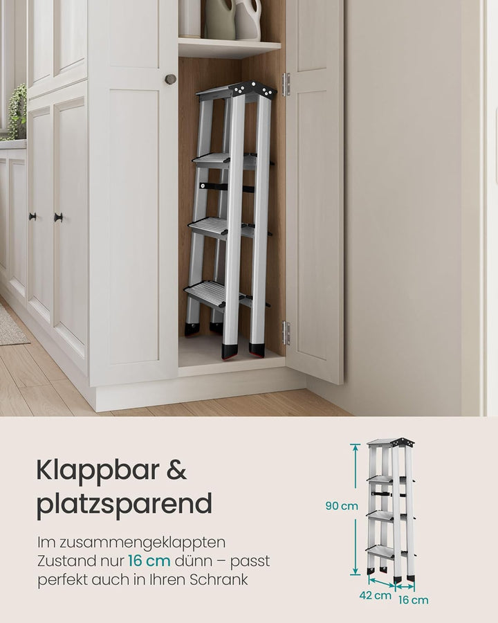 SONGMICS Leiter, Trittleiter, Aluleiter mit 4 rutschfesten Stufen, klappbar, Stehleiter, Mehrzweckle