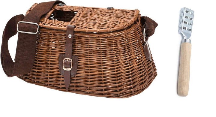 Fliergenfischer-Korb Anglerkorb aus Weide, Wicker Fischkorb, geflochtener Fischerkorb, mit Riemen, W
