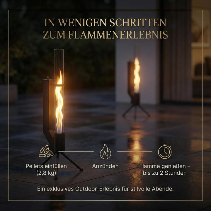 Albatros hochwertige Pelletfackel Schwarz | Raketenofen für den Garten | mit Glas Feuerrohr | Terras