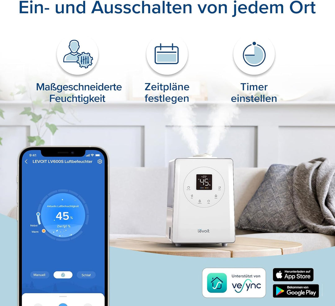 LEVOIT Luftbefeuchter, Smart 6L Top-Fill Warmer/Kalter Nebel mit Alexa/APP Steuerung, Schlafmodus, T