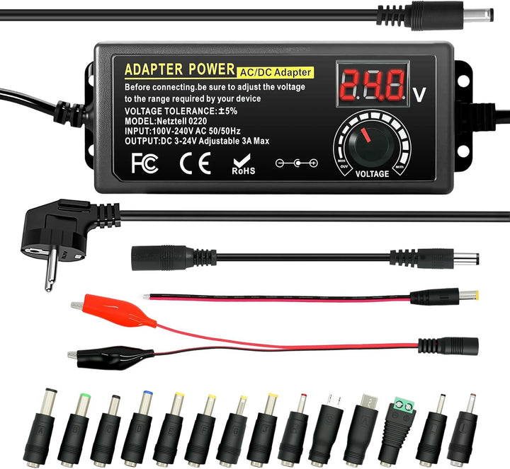 Universal Netzteil 72W, 3V-24V & 3A Max Einstellbare Spannung,100-240V AC/DC Netzteiladapter mit LED