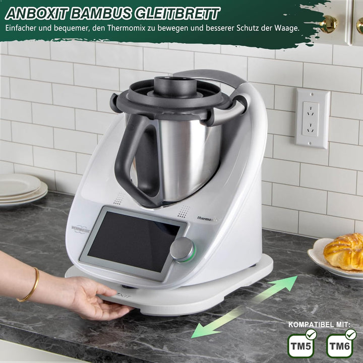 ANBOXIT Gleitbrett für Thermomix TM6/TM5, Brett für Thermomix mit Rollen, Leicht Gleitendes Bambus R