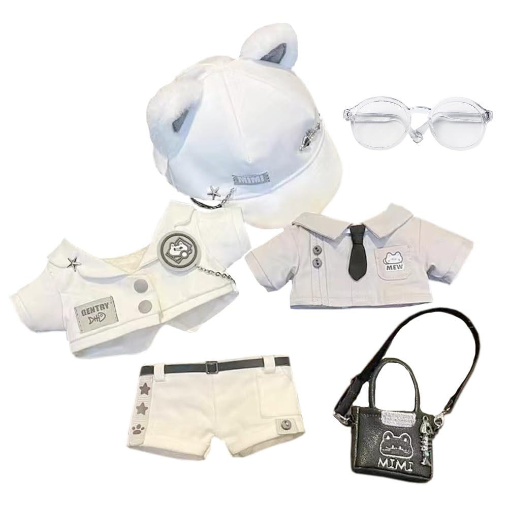 niannyyhouse 20 cm grosse Plüschpuppe, Kleidung, Hut, Mantel, Hemd, Hose, Rucksack, Brille, weisse K