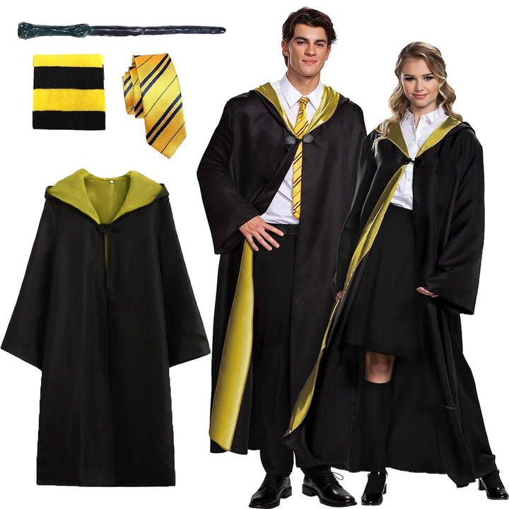 Magic Robe, Umhang,4PCS Zauberer Cosplay Kostüm für Erwachsene,with Cape,Magic Wand,Glasses,Scarf,Ti