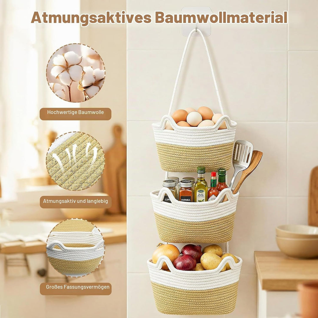 Yiomxhi 3 Stöckig Hängender Organizer Wand Hängekorb, Baumwollseil Hängeorganizer Tür Wandkorb mit 4