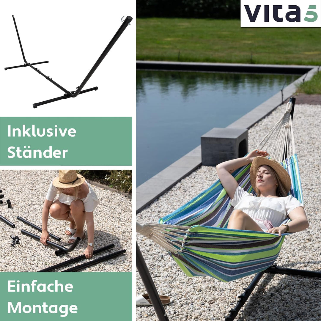 Vita5 Hängematte mit Gestell, Hängematten Outdoor 2 Personen mit Tragetasche, für Garten Pool, Balko