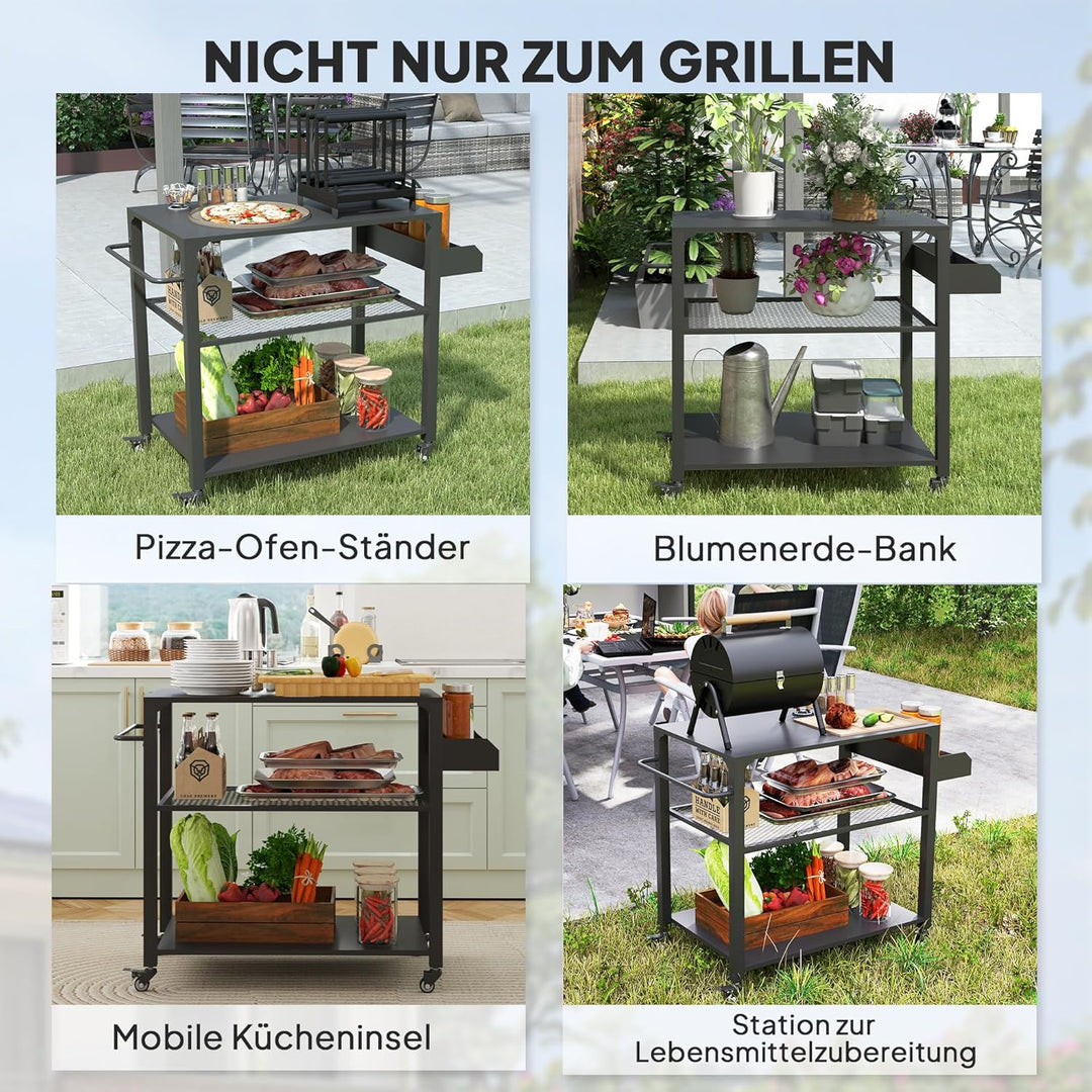 Outsunny Grillwagen 3-Etagen Servierwagen mit Arbeitsfläche Ablagen Räder, BBQ Grilltisch aus Edelst