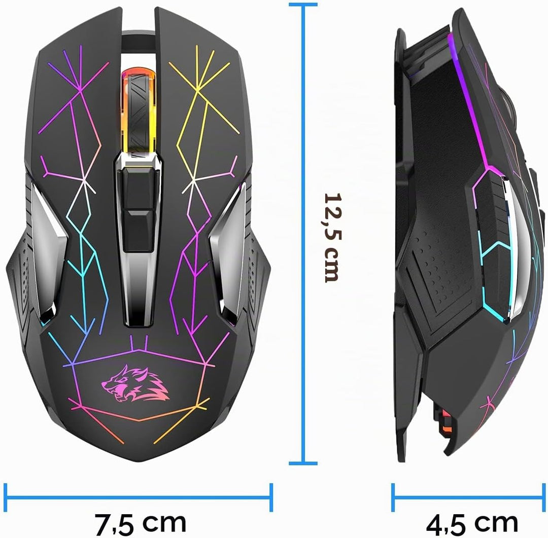 Kabellose Gaming-Maus, 2400 DPI, Seitentaste, USB Empfänger, Atmung RGB-Beleuchtung, 7 Tasten Lautlo