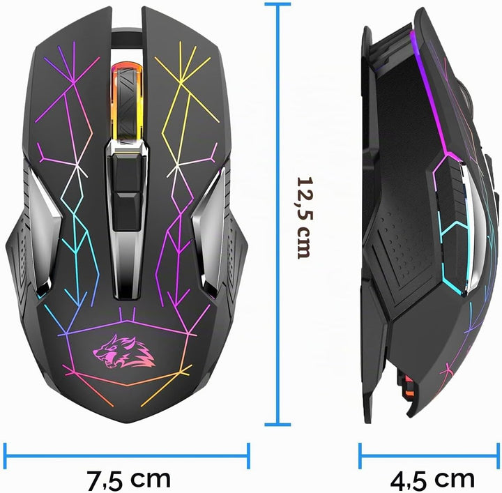 Kabellose Gaming-Maus, 2400 DPI, Seitentaste, USB Empfänger, Atmung RGB-Beleuchtung, 7 Tasten Lautlo