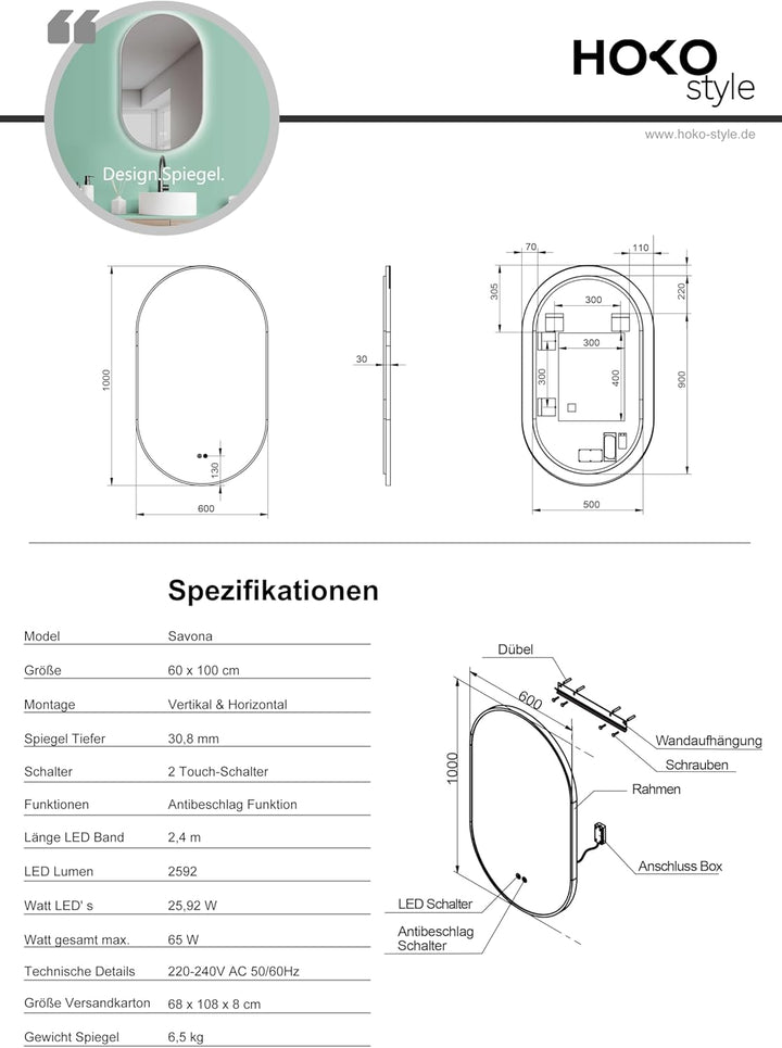 HOKO Design LED Anti-Fog Spiegel oval 60x100 cm / 100x60 cm Savona+ Metall Rahmen Weiss. HOCH+QUER M