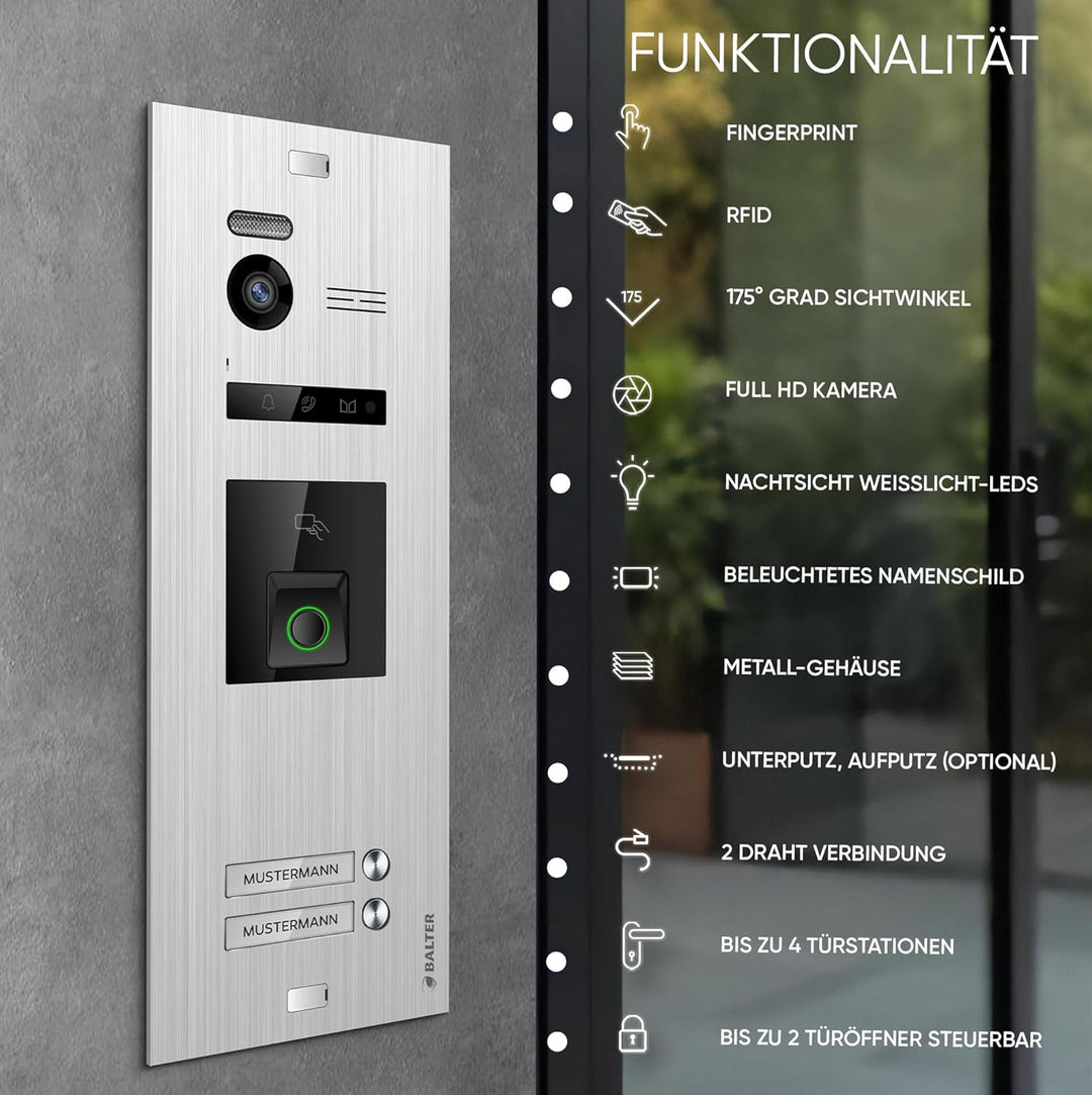 Balter EVO-HD Video Türsprechanlage mit Fingerprint, Video Türklingel, Smartphone App, 2 Familienhau