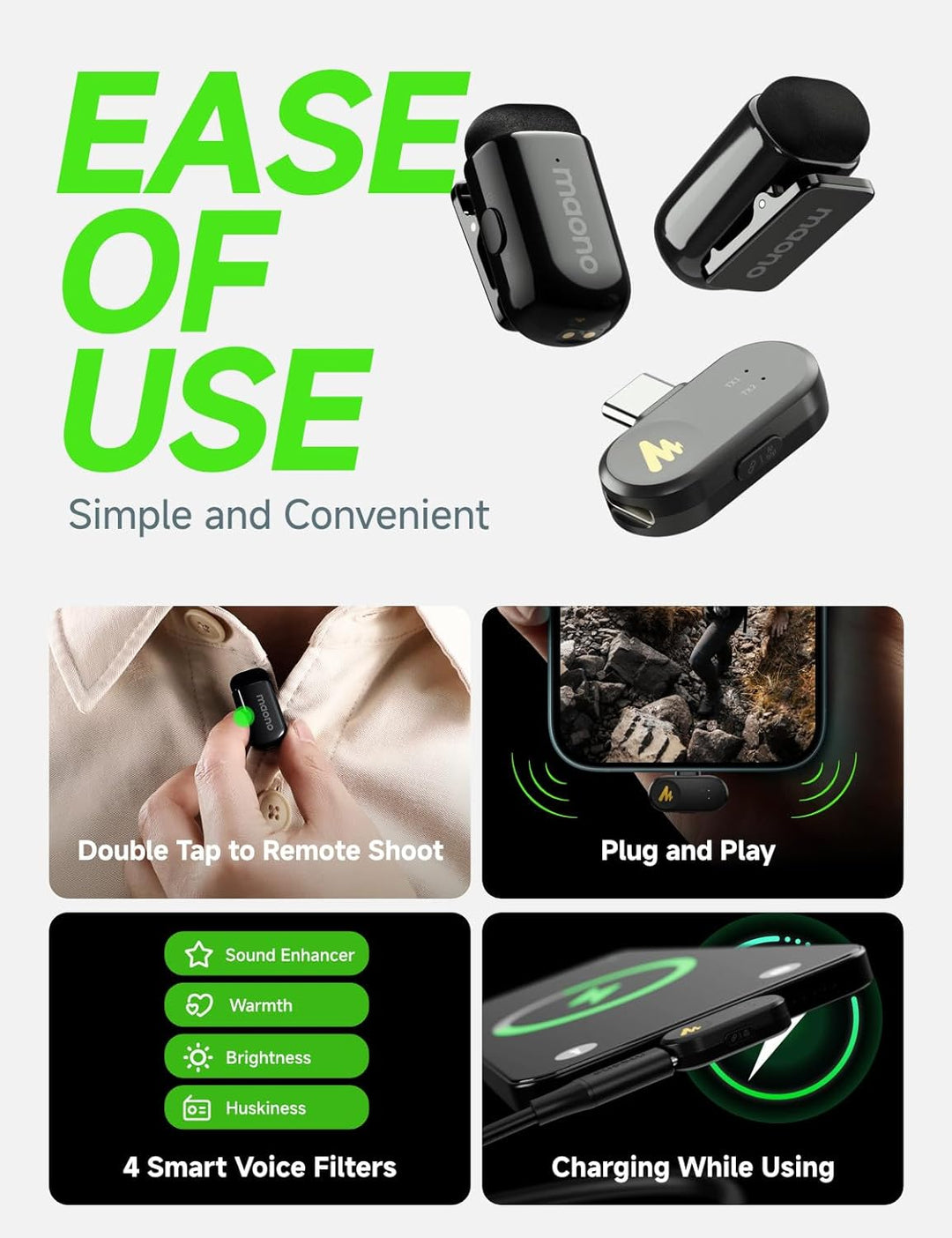 Kabelloses Handy Mikrofon - Wireless-Lavalier-Mikrofon für iPhone 16/15 Android, 4 Level Rauschunter