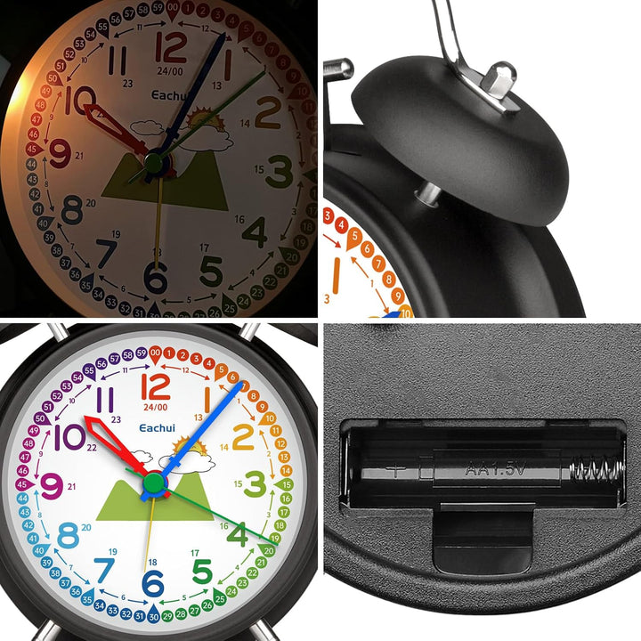 Doppelglockenwecker mit Nachtlicht, analoger Wecker für Kinder ohne Ticken, lauter Alarm, geräuschlo