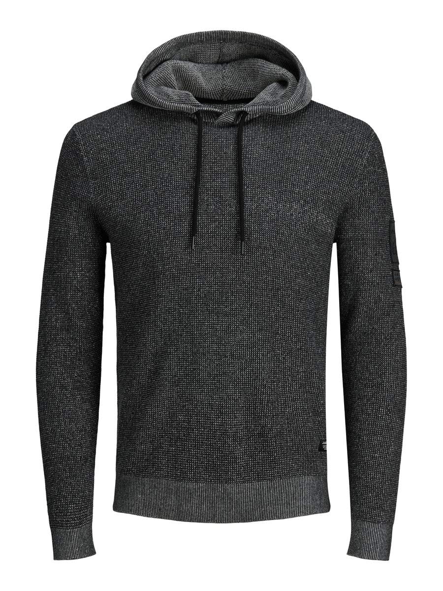 JACK & JONES Herren Jcobadge Knit Hood Sts Kapuzenpullover, Black, S EU