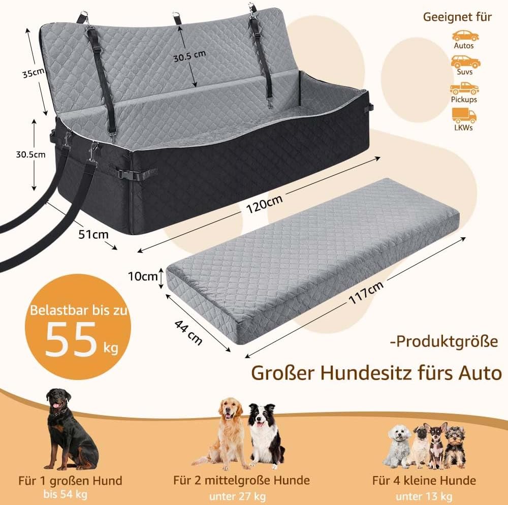 unipaws Hunde Autositz für mittlere & grosse Hunde bis 55 kg, Autositz Hund mit Vorder-/Seiteneinsti