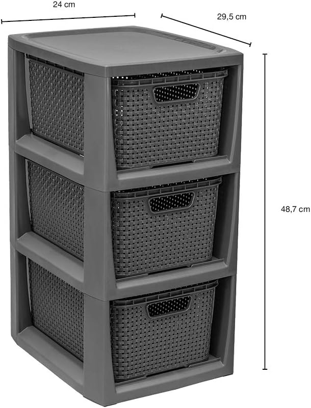 BranQ - Home essential Regal in Rattan Design, Kunststoff PP, Anthrazit, 29,5x24x48,7 cm 3 Körben An