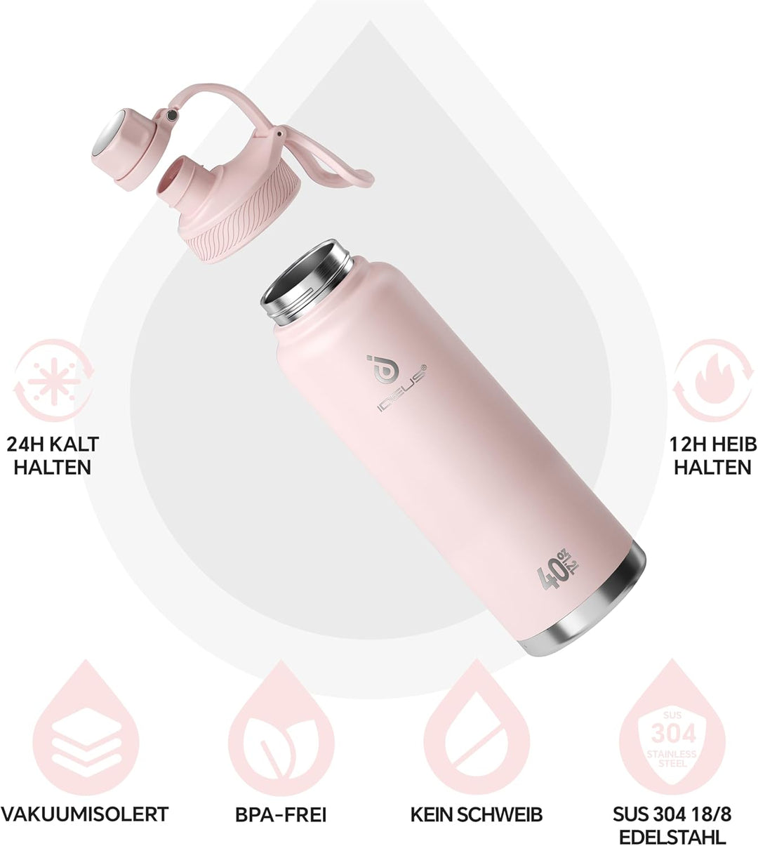 IDEUS Vakuumisolierte Wasserflasche, 40 Oz (1140 ml) Edelstahl Doppelwand Flasche Metall Sport Kanti
