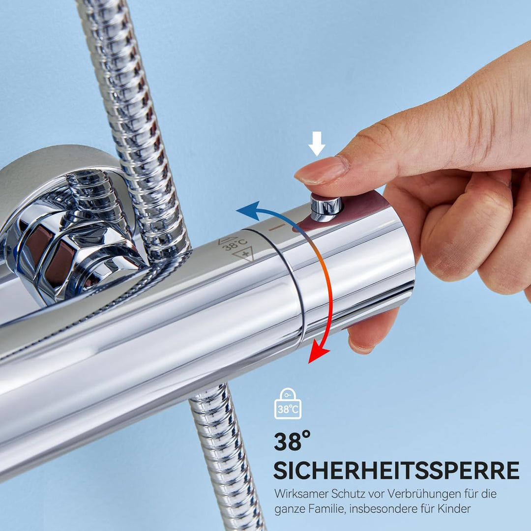 Auralum Thermostat-Duscharmatur komplettset mit Verbrühschutz, Duschsystem mit Regendusche, Duschgar
