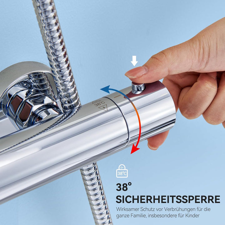 Auralum Thermostat-Duscharmatur komplettset mit Verbrühschutz, Duschsystem mit Regendusche, Duschgar