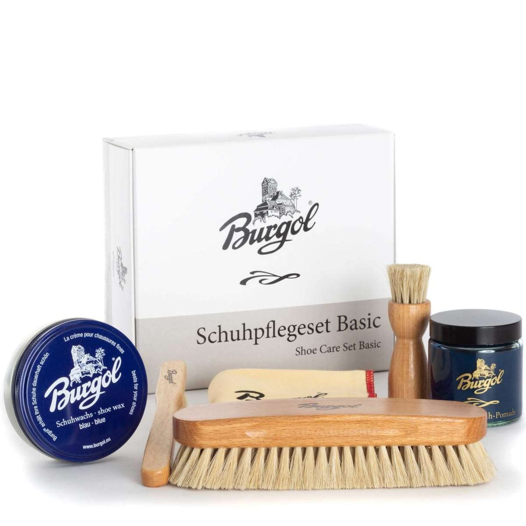 Burgol Schuhpflegeset Basic mit Schuhpomade, Schuhwachs, Rosshaarbürsten und Poliertuch: Farbe: Blau